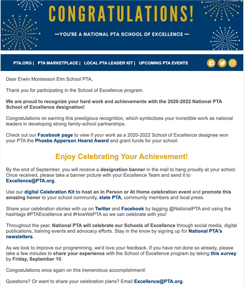 Congratulations! Erwin is a National PTA School of Excellence